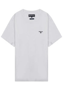 Barbour men’s white short-sleeved t-shirt with black embroidered logo and brand tag in cotton blend fabric
