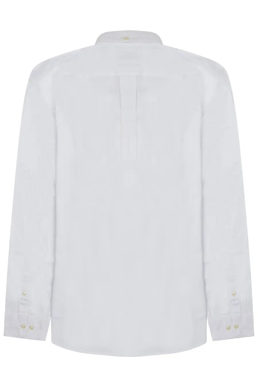 Barbour men’s white long-sleeved shirt with classic collar and subtle pleats at the back shown from the back side
