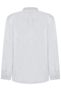 Barbour men’s white long-sleeved shirt with classic collar and subtle pleats at the back shown from the back side