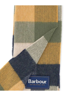Barbour men’s tattersall scarf with warm-toned plaid in mustard yellow olive green navy blue and cream squares