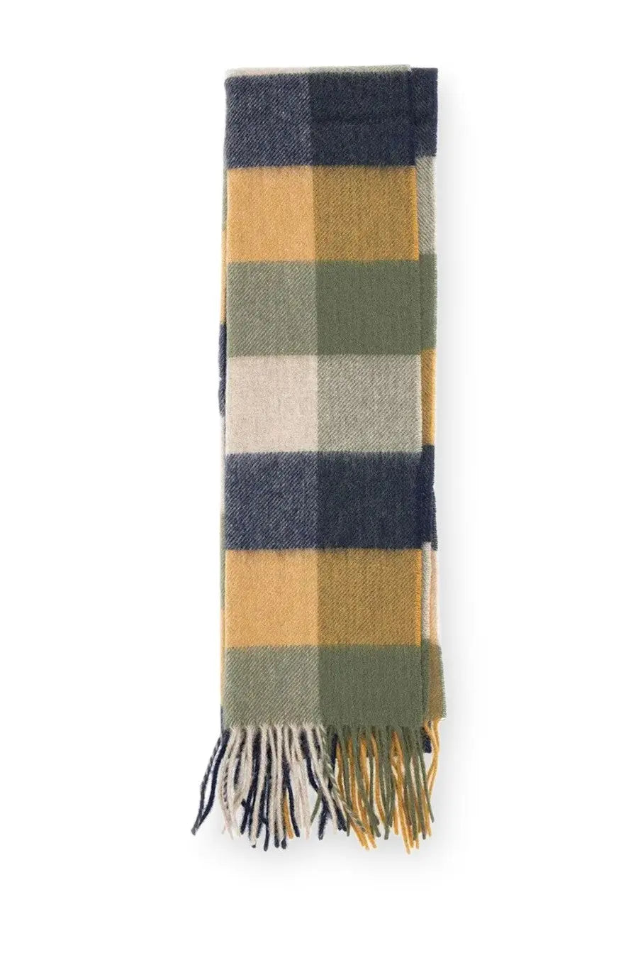 Barbour men’s tattersall scarf multicolor in cozy woven plaid navy blue mustard yellow olive green and cream with fringe