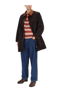 Barbour men’s black waxed cotton field jacket with brown collar and silver button closures