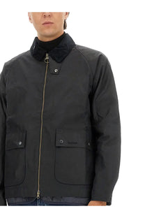 Black barbour men’s waxed jacket bedale blue with corduroy collar and front zipper in waxed cotton material