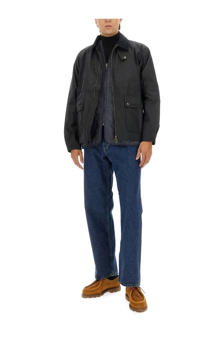 Barbour men’s waxed cotton field jacket in black with flap pockets and a collar for outdoor use