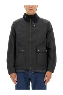 Barbour men’s waxed jacket bedale blue in black with dark corduroy collar and two front flap pockets