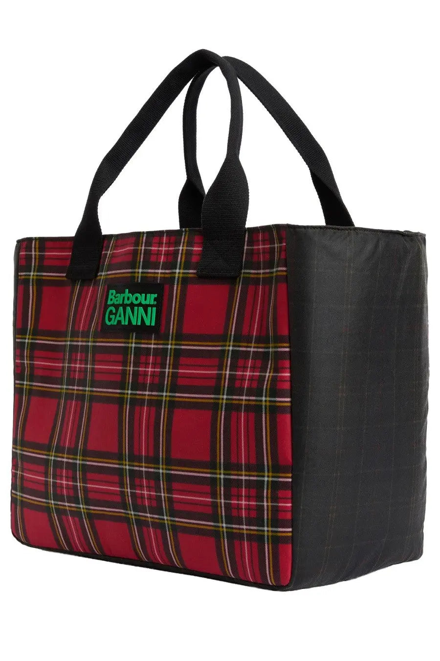 Barbour women’s barbour ganni waxed cotton tote bag multicolor in red and black plaid with green logo patch and black handles
