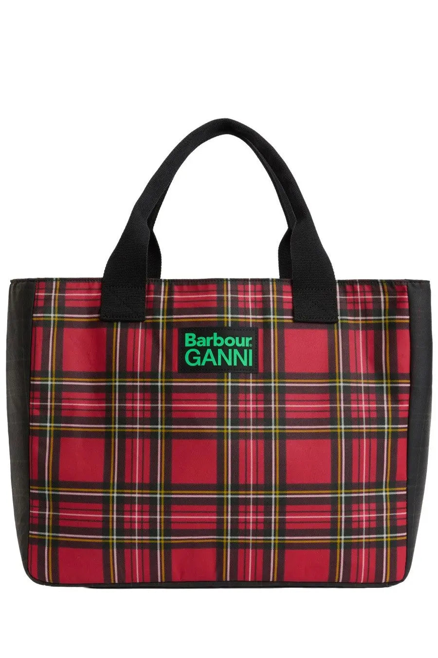 Red plaid barbour women’s barbour ganni waxed cotton tote bag with black handles and green logo patch