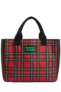Red plaid barbour women’s barbour ganni waxed cotton tote bag with black handles and green logo patch