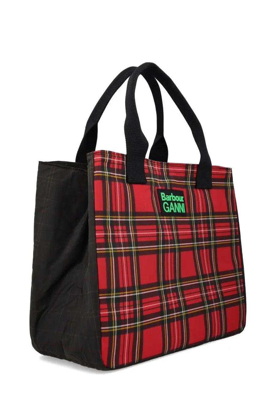 Red plaid Barbour women’s tote bag with black handles made of waxed cotton featuring a green Barbour Ganni logo patch
