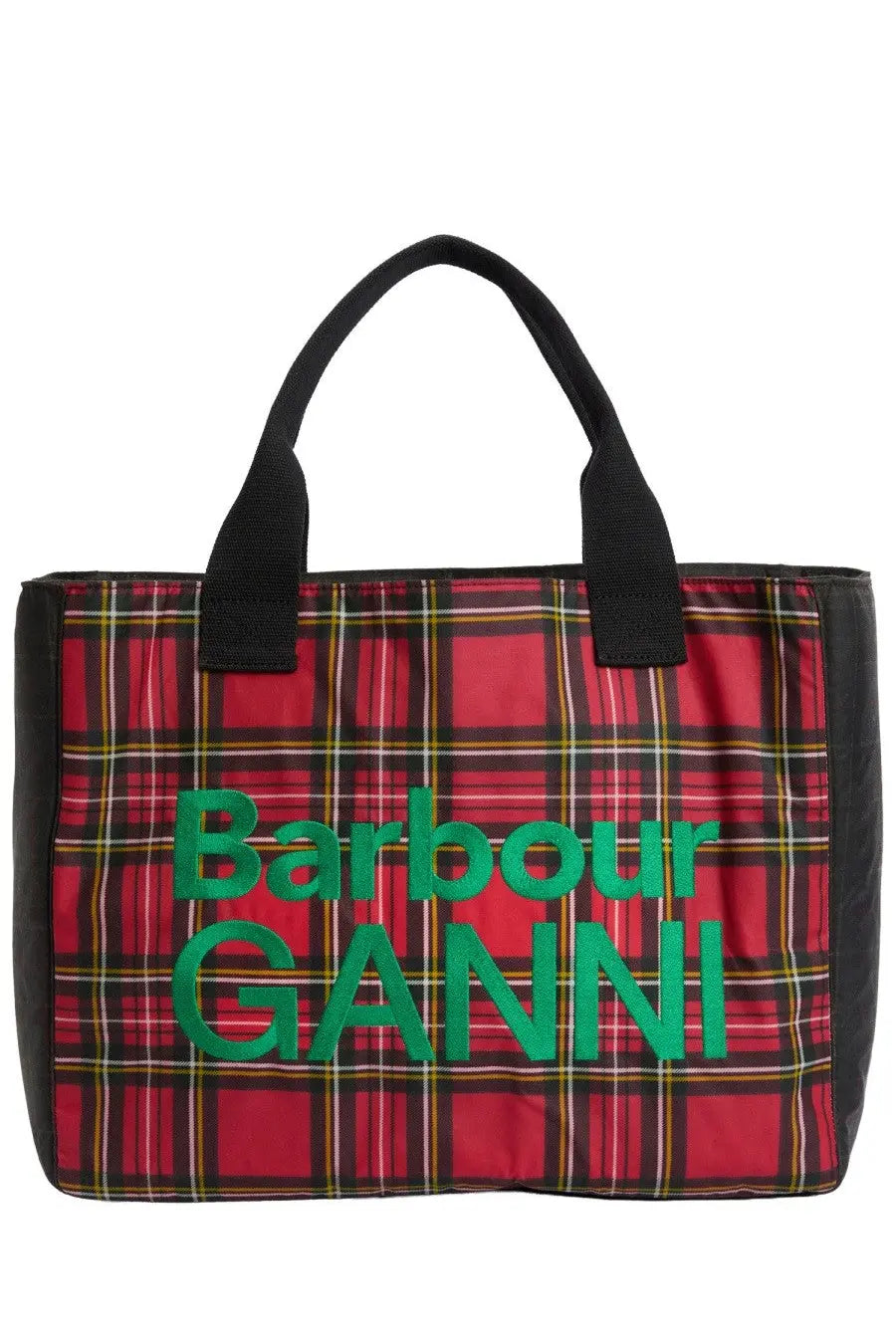 Red plaid waxed cotton tote bag with black trim and green barbour ganni lettering by barbour women multicolor