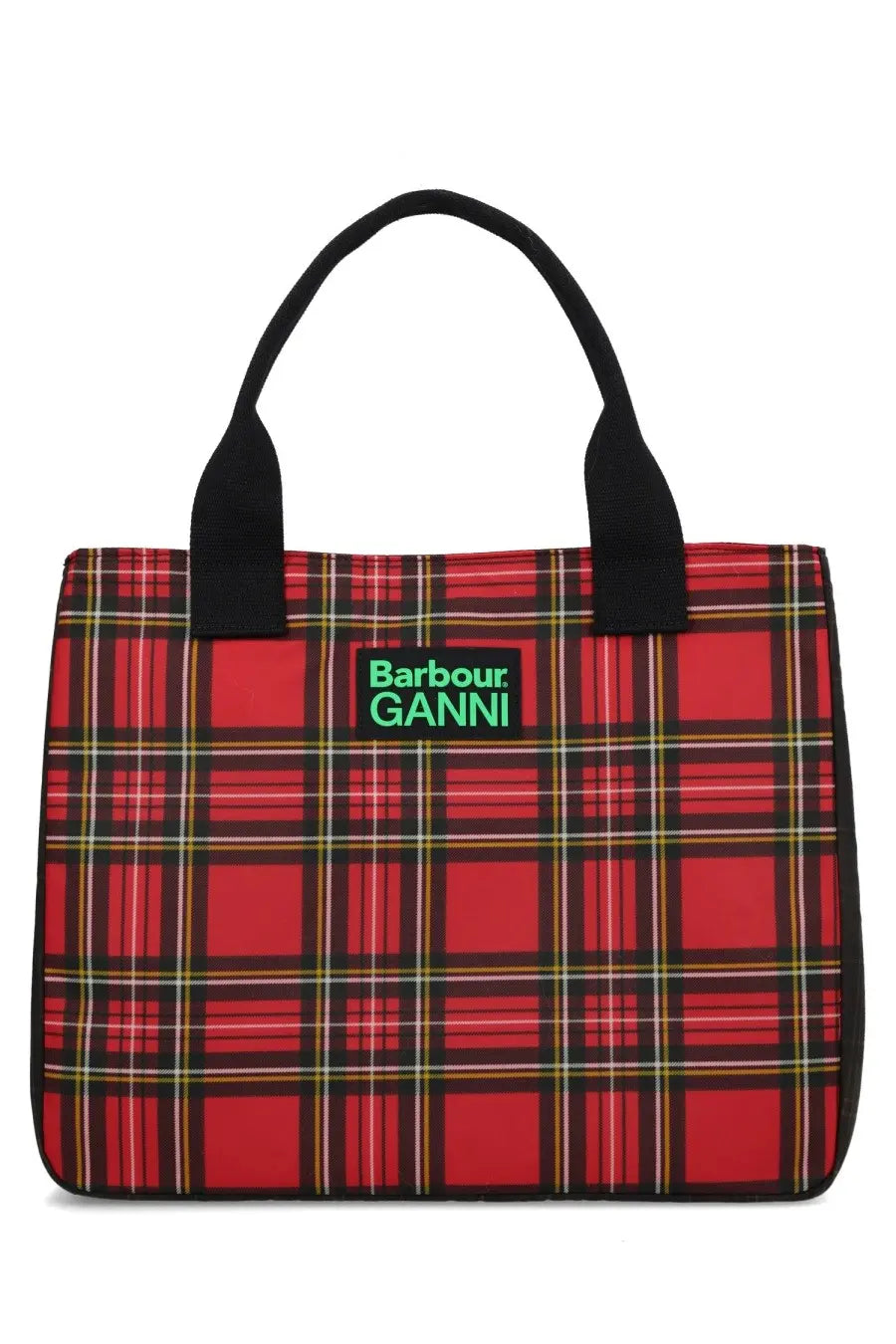 Red plaid waxed cotton tote bag with black handles and green barbour ganni logo patch for women