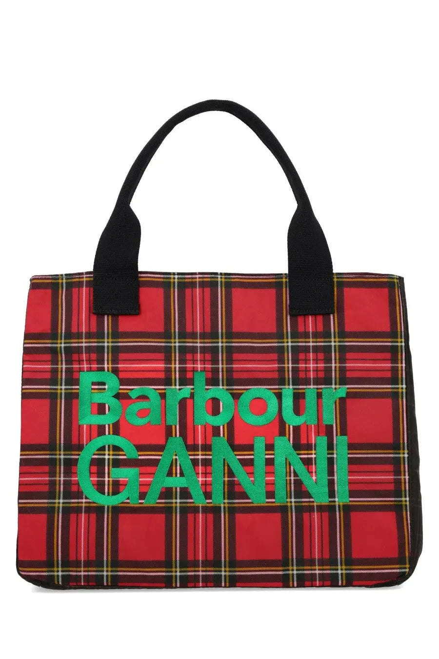 Red plaid waxed cotton tote bag with black handles and bold green barbour ganni lettering for women