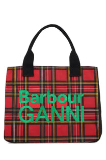 Red plaid waxed cotton tote bag with black handles and bold green barbour ganni lettering for women