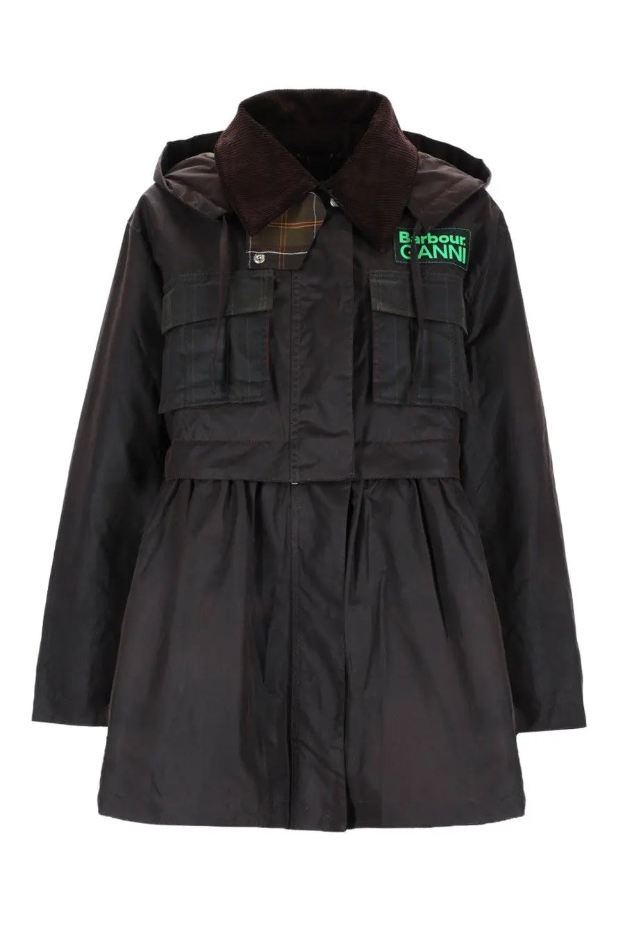 Black Barbour Ganni hooded coat with corduroy collar and green logo patch in brown for women