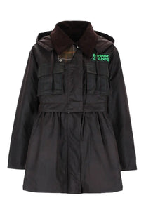 Black Barbour Ganni hooded coat with corduroy collar and green logo patch in brown for women