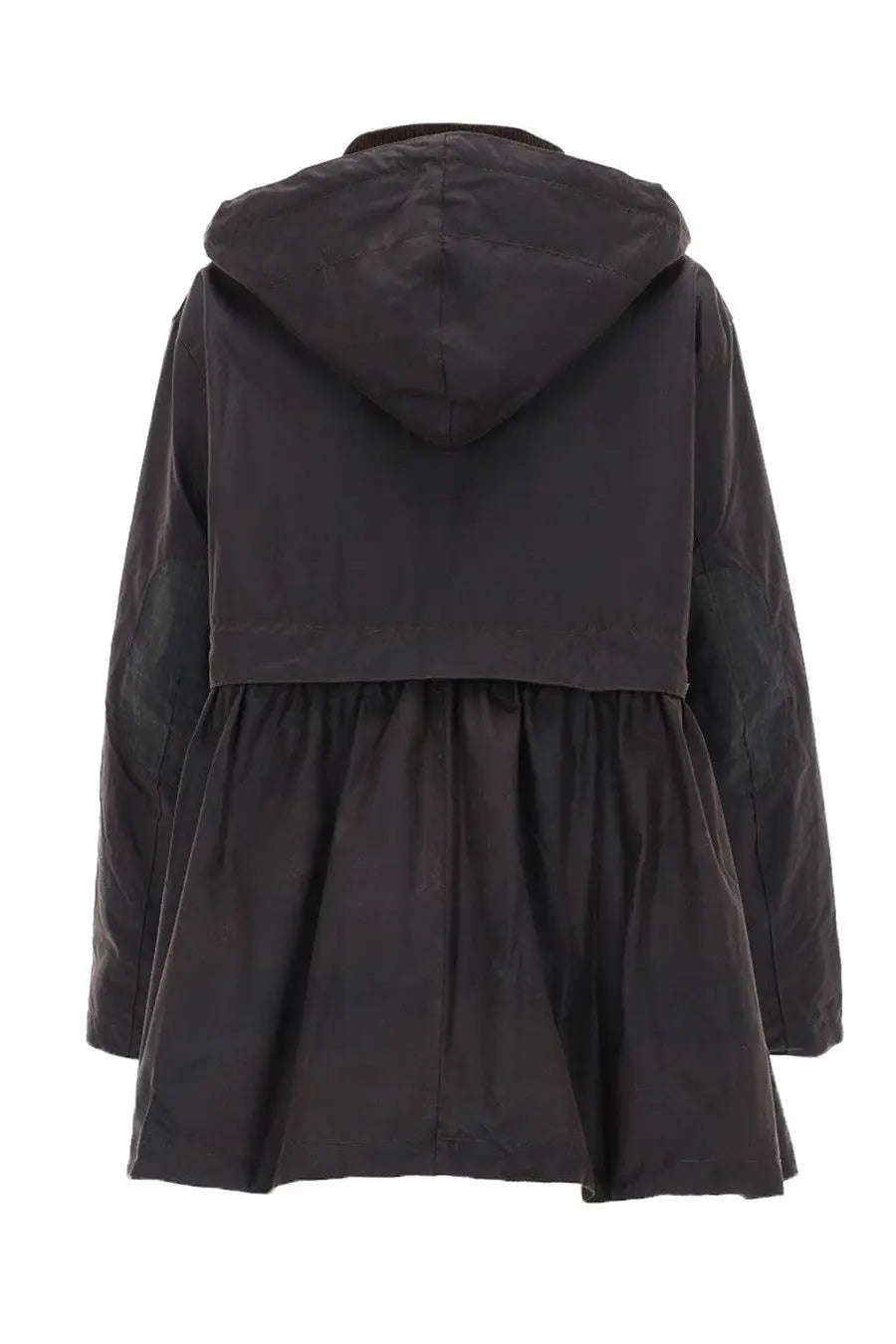 Black hooded coat with flared skirt-like lower section from Barbour women’s Barbour Ganni coat brown collection