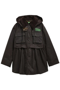 Barbour women’s Barbour Ganni coat in brown features a black hooded design with plaid collar two front pockets and flared hem
