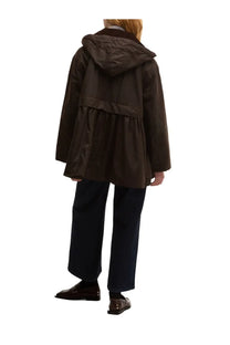 Dark brown Barbour women’s Gannni coat with hood gathered waist and subtle sheen in waterproof waxed cotton