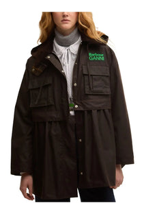 Barbour women’s barbour ganni dark brown water-resistant trench coat with hood, multiple pockets, and green logo patch