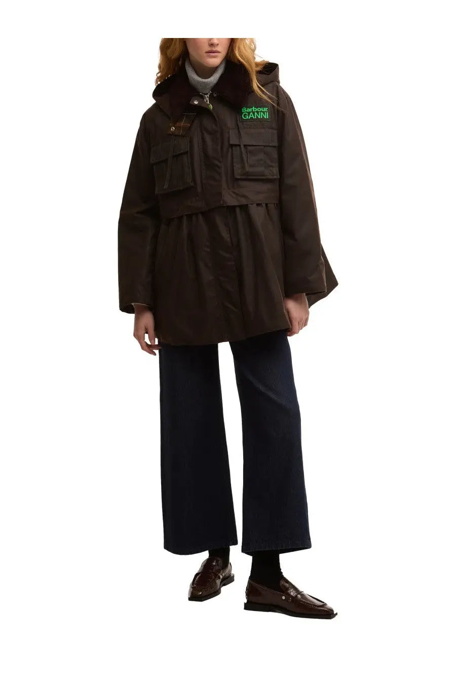 Barbour women’s barbour ganni dark brown water-resistant trench coat with hood and multiple pockets front view