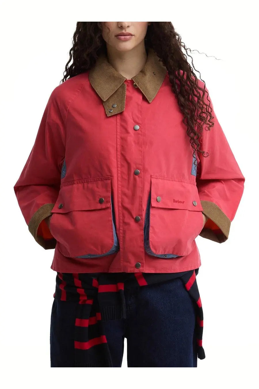 Barbour women’s Spey Paul Smith red jacket with brown collar cuffs silver buttons and two front pockets