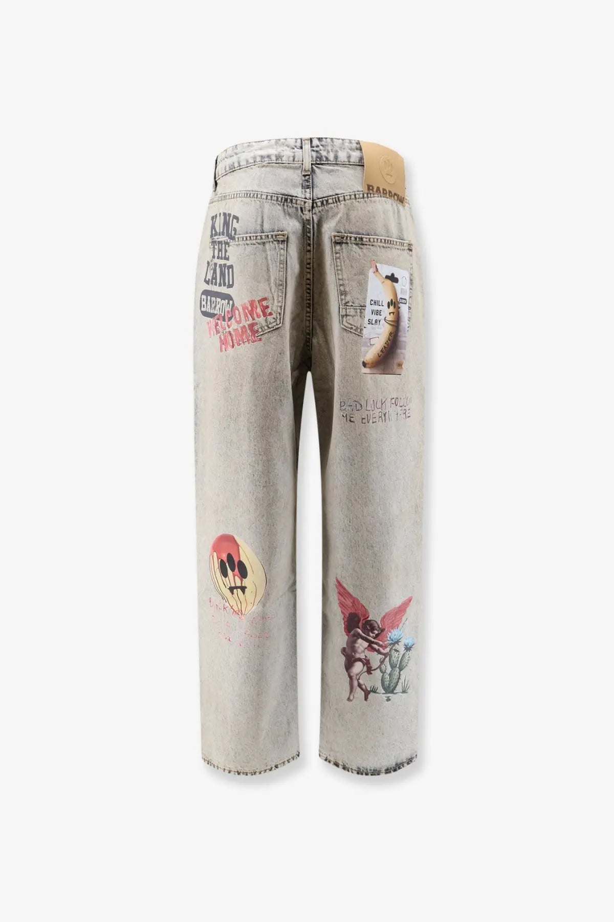 Back side of barrow men’s cotton jeans blue in light-wash denim with distressed vintage look and colorful skull and cartoon prints
