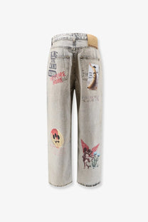 Back side of barrow men’s cotton jeans blue in light-wash denim with distressed vintage look and colorful skull and cartoon prints