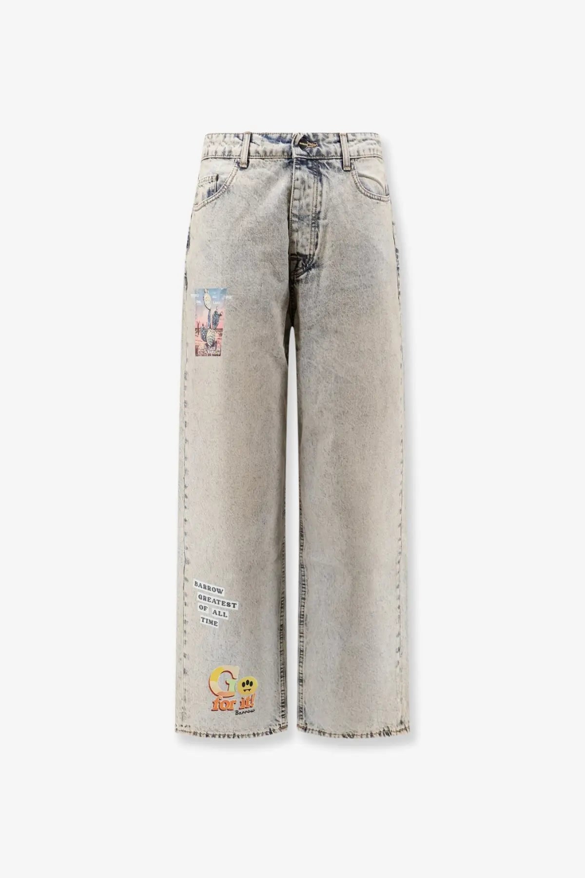 Barrow men’s cotton jeans blue light-wash denim wide-leg with distressed faded look colorful patches and embroidered text
