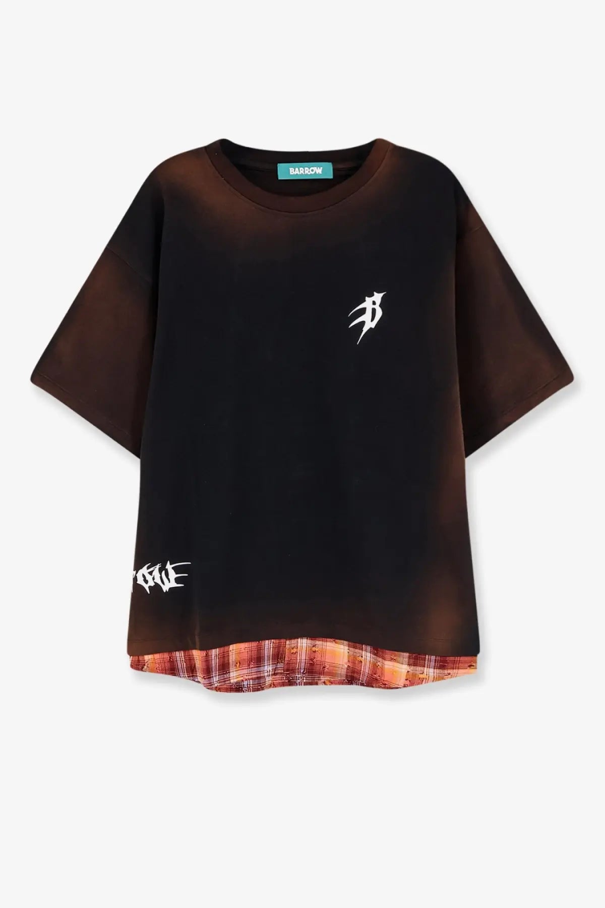 Barrow men’s cotton t-shirt in black and brown gradient with white graphic details and plaid hem lining