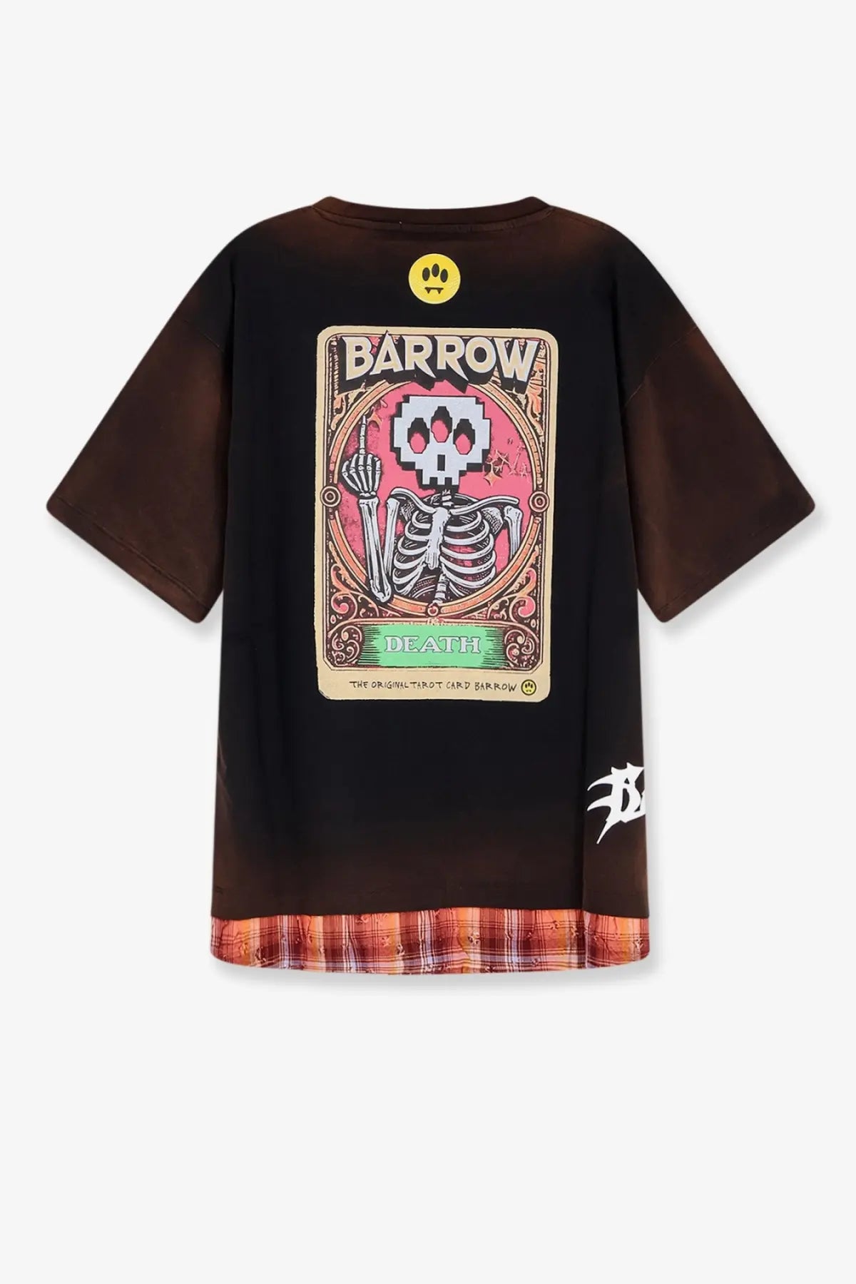 Back side of barrow men’s black cotton short-sleeved t-shirt with pixelated skeleton and barrow death text design