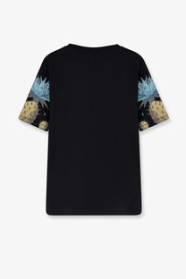 Barrow men’s black cotton short-sleeved t-shirt featuring vibrant blue and beige cacti graphics on the sleeves