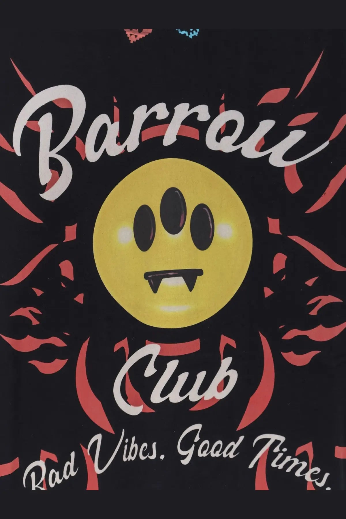 Yellow smiley face with black paw-print eyes and fangs printed on barrow men’s black cotton shirt front