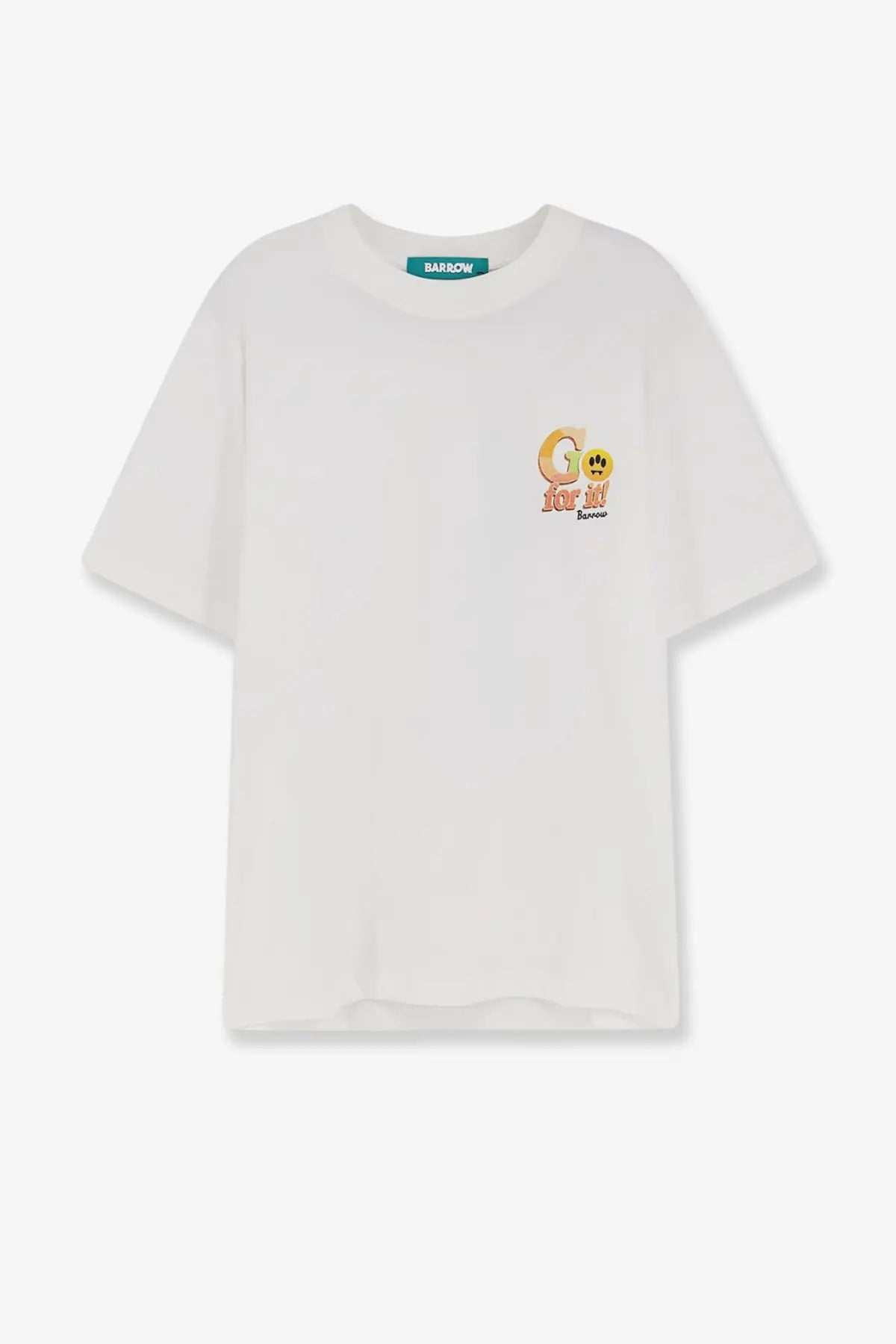 White short-sleeved cotton t-shirt with colorful go for it graphic and orange yellow smiley face by barrow men cocco