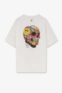Barrow men’s white cotton short-sleeved t-shirt with vibrant multicolored skull design and yellow smiley face beadwork