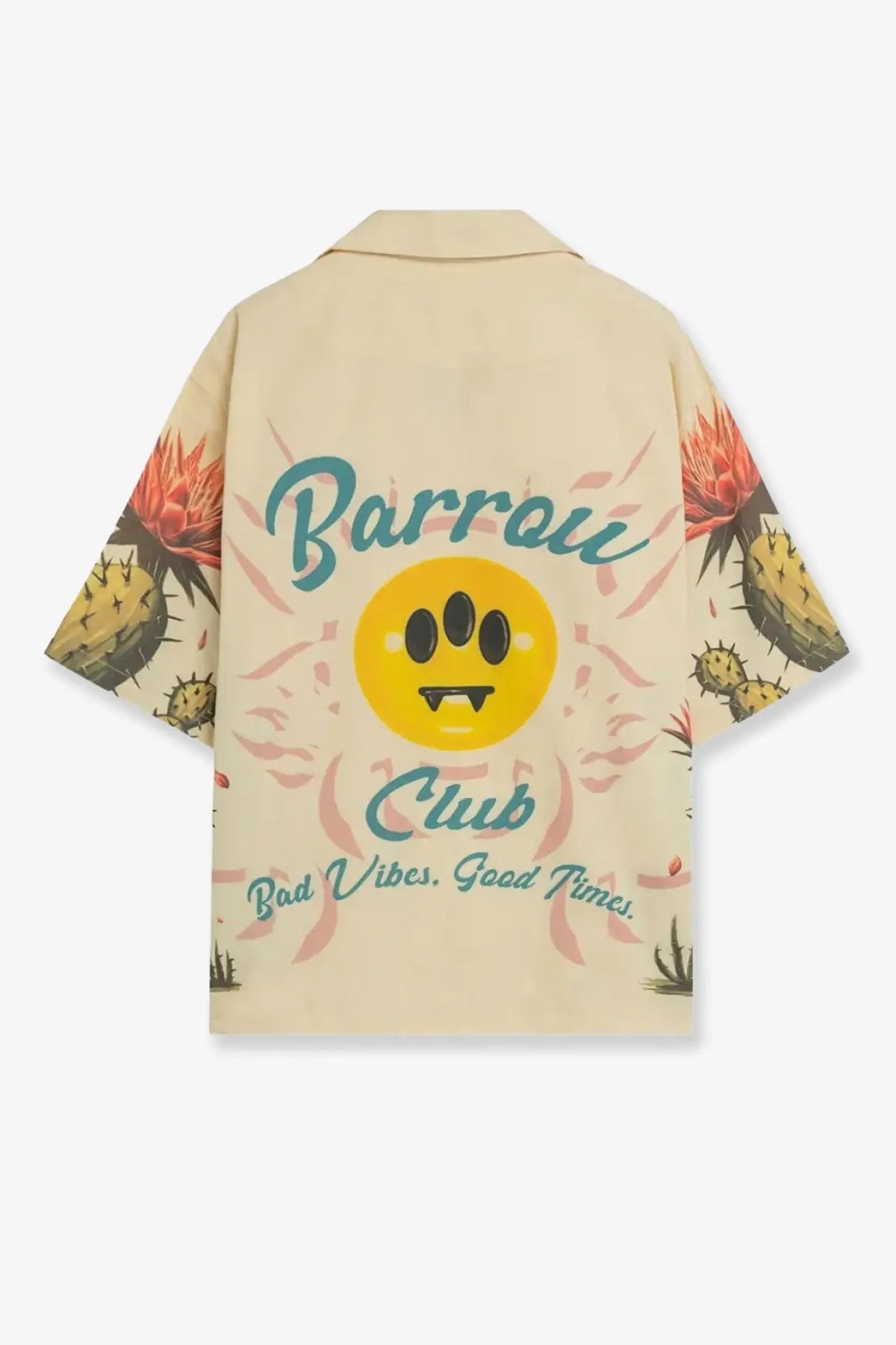 Barrow men’s cotton shirt white beige short sleeve with tropical cacti pineapple print and teal barrow club text