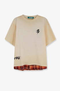 Barrow men’s beige cotton short-sleeved shirt with black logo and plaid orange brown hem
