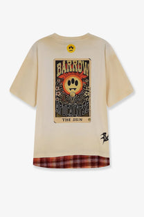 Barrow men’s cotton cream t shirt with vintage tarot card sun graphic and red plaid trim at hem