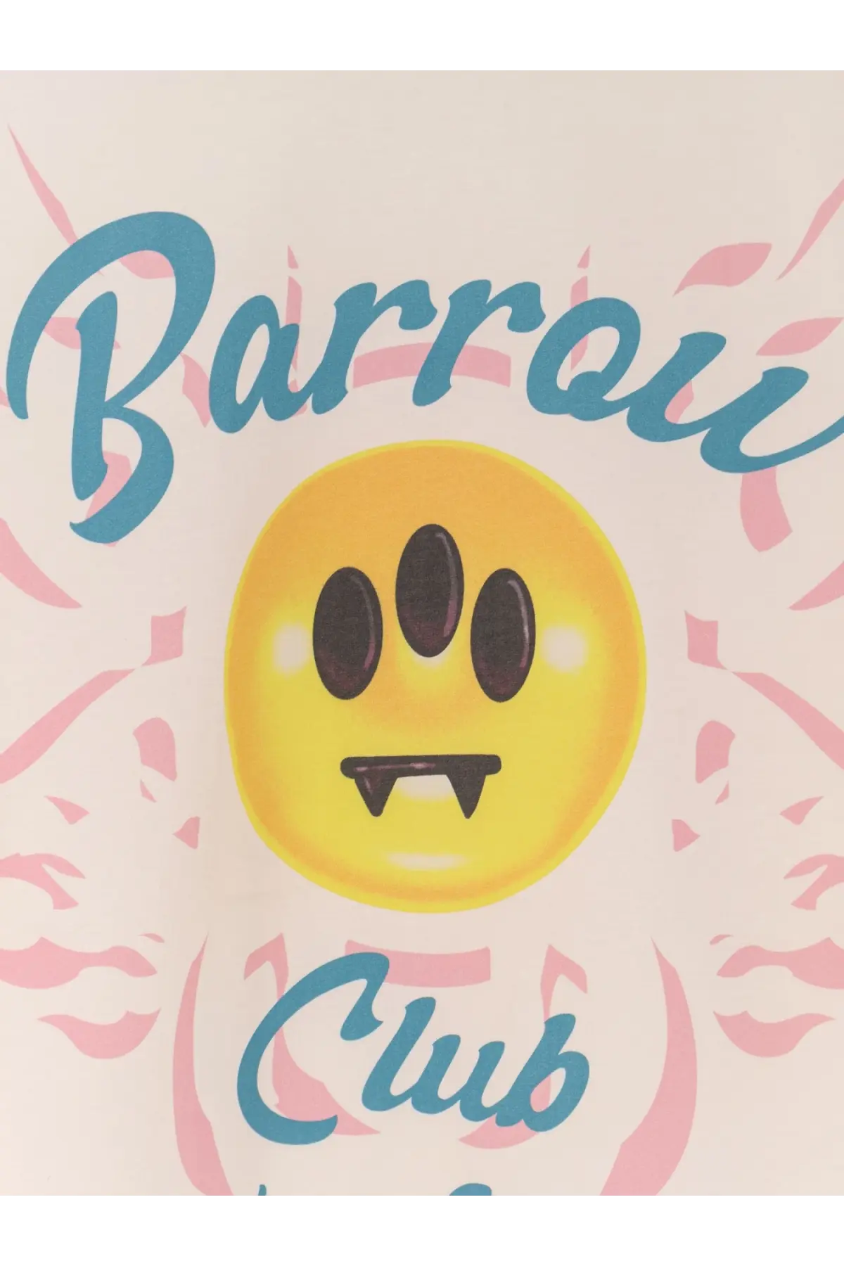 Barrow men’s white cotton shirt featuring a yellow emoji face with black eyes and fangs on a light pink fabric background