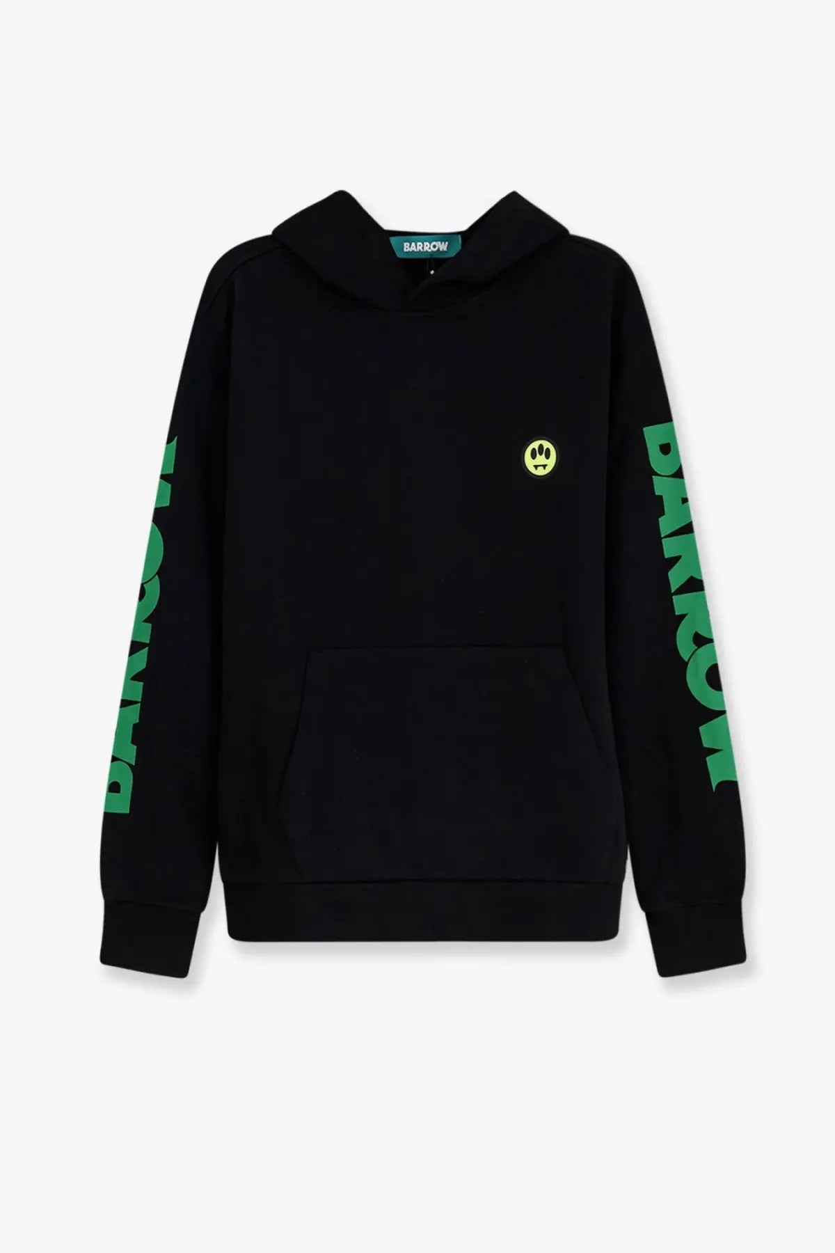 Barrow men’s cotton sweatshirt black with neon green sleeve lettering and yellow smiley face chest patch
