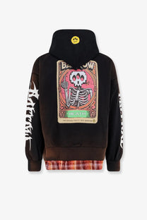 Back view of barrow men’s black cotton hoodie with pixelated skeleton design, white sleeve lettering, and yellow smiley patch
