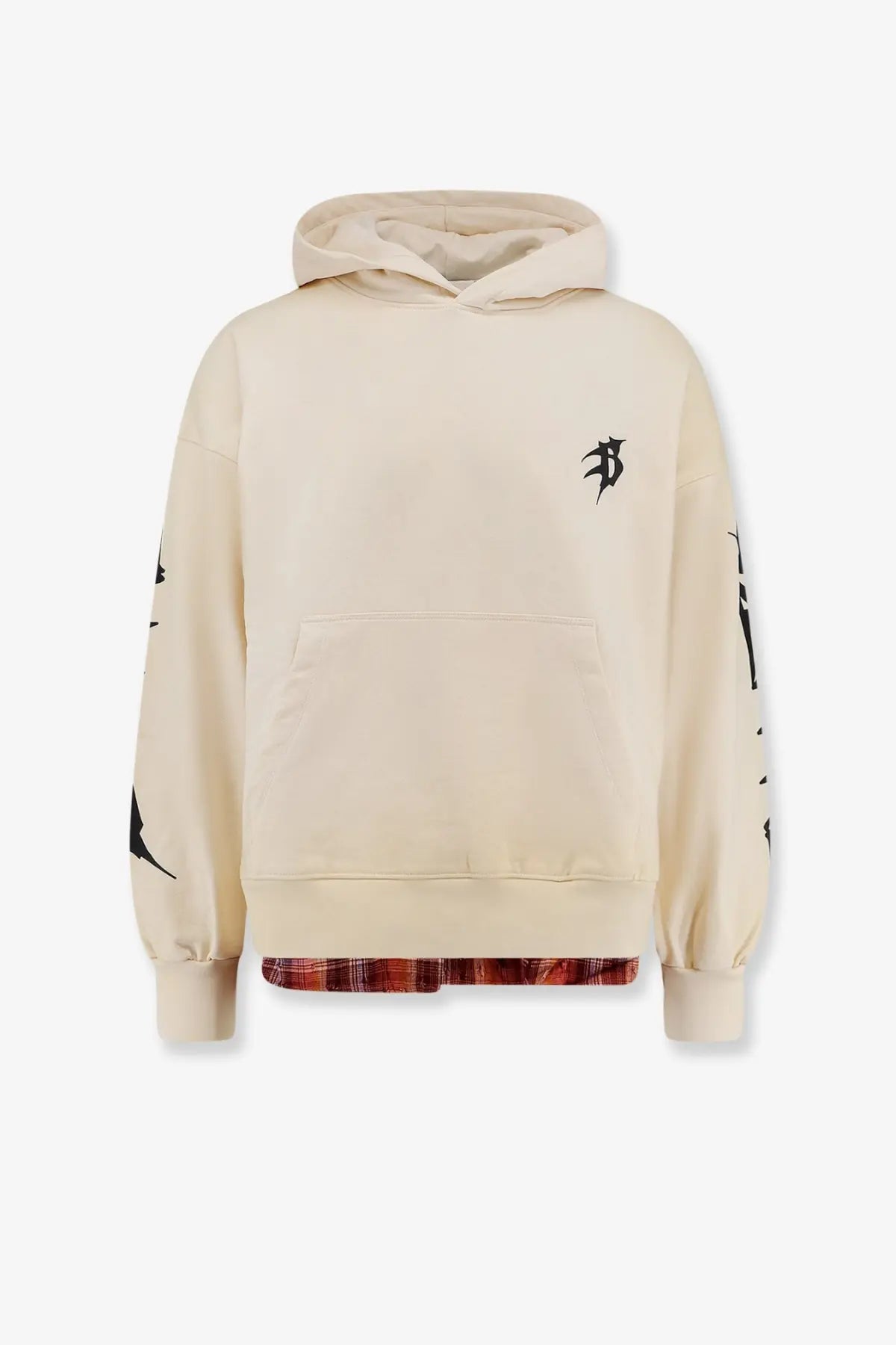 Barrow men’s cotton sweatshirt white cream hoodie with black graphic sleeves small chest logo and plaid hem lining