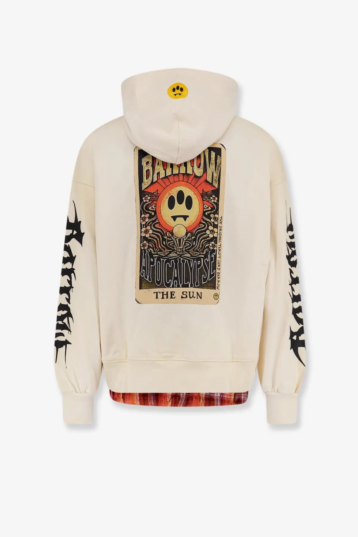 Barrow men’s cream cotton hoodie with bold graphic barilow apocalypse the sun print and yellow smiley face patch on hood