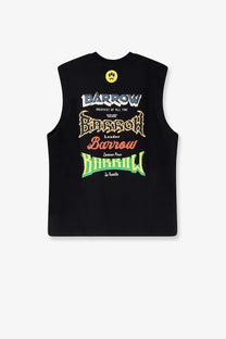 Barrow men’s black cotton sleeveless vest with bold multi-colored graphic text and yellow smiley face emblem
