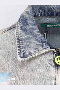 Barrow men’s distressed denim jacket in faded blue and white wash with green barrow brand tag inside collar