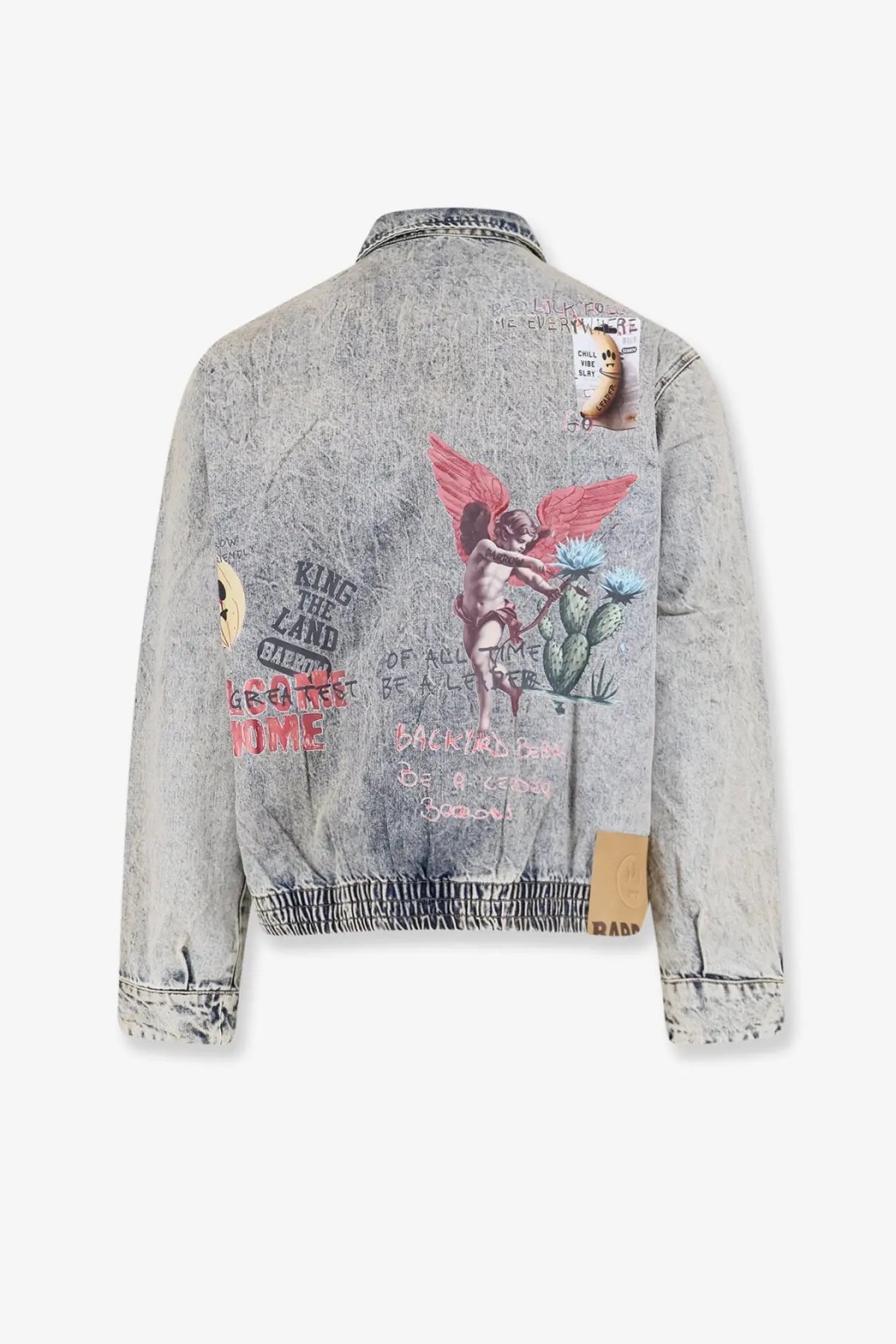 Barrow men’s blue denim jacket with faded gray fabric, red winged angel graphic, layered text patches, and beige patch