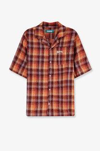 Barrow men’s used effect cotton shirt in gold with warm orange and brown plaid and subtle chest embroidery