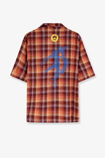 Barrow men’s short-sleeved plaid cotton shirt gold with warm orange brown tones blue graphic and yellow smiley patch