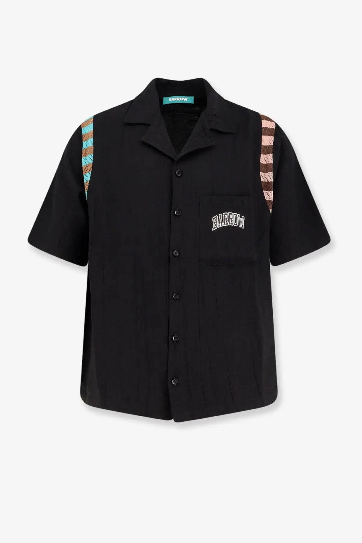 Barrow men’s viscose blend black short-sleeved shirt with turquoise and brown checkered shoulder stripes and white logo