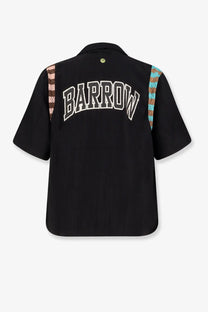 Back of barrow men’s black viscose blend shirt with white barrow lettering and patterned shoulder panels