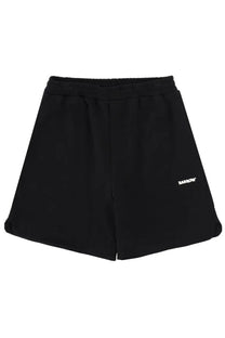 Black barrow unisex bermuda iconic shorts with soft elastic waistband and subtle white logo on lower left leg